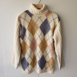 Vintage Liz Claiborne Liz Wear Knit Turtleneck Sweater Size M Argyle